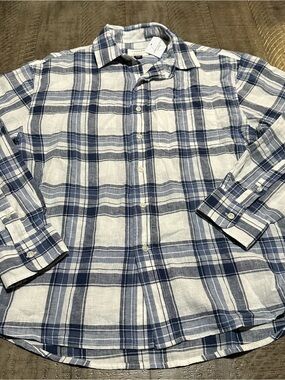American Eagle White and Blue Plaid Button-Down Shirt